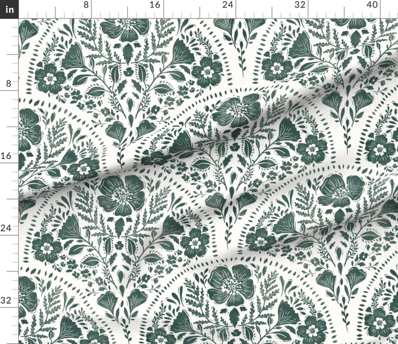 Dark Teal Floral Block Print Botanical Cottagecore Linocut Moody Scalloped Flowers Custom Printed Fabric by Spoonflower Various Fabrics by the Yard or Fat Quarter